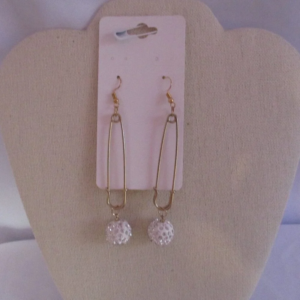 Pin Hook Earrings White Pave Balls GOLDTONE Free Gift Box